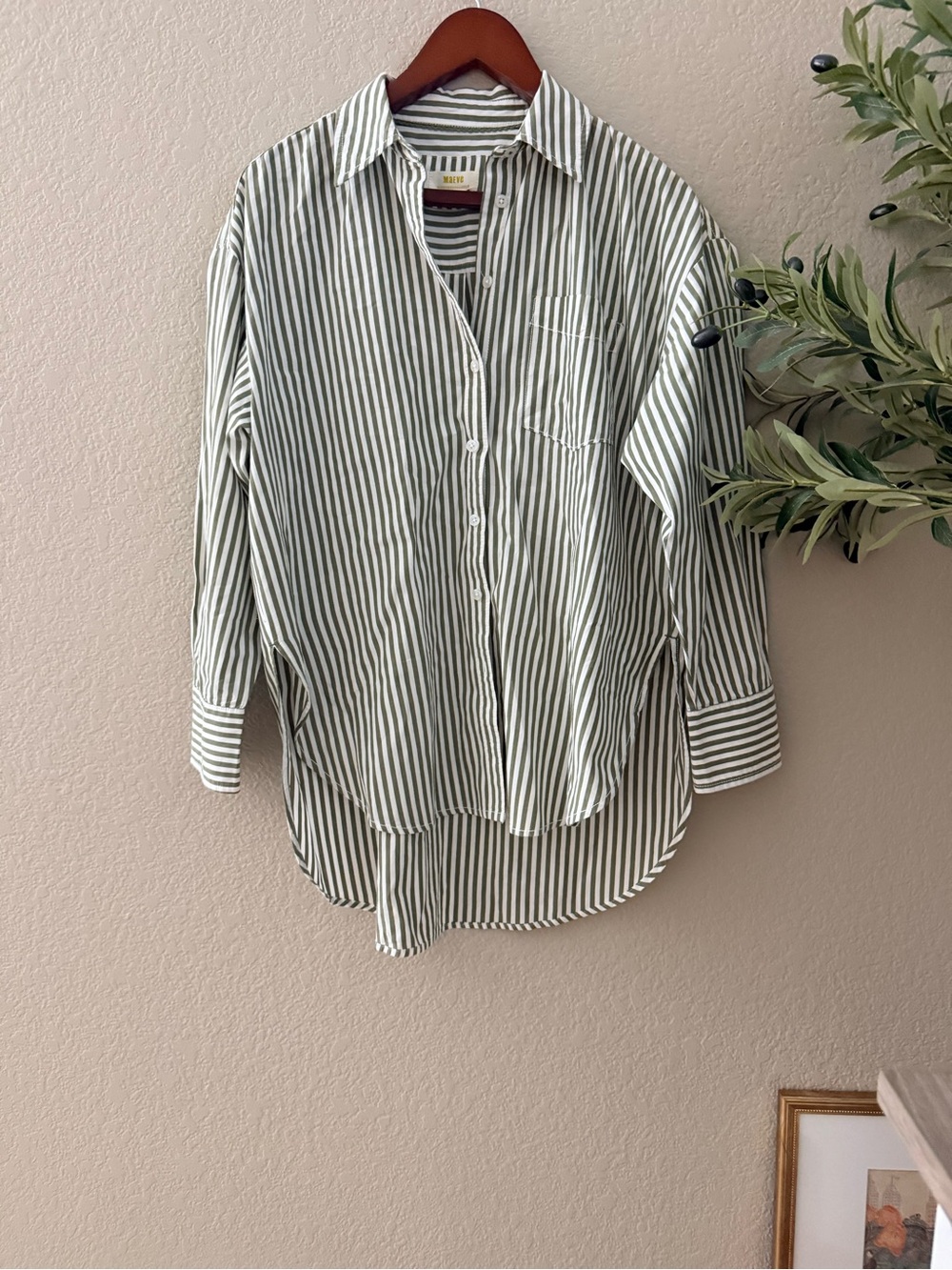 Maeve by Anthropologie Green & White Striped Oversized Cotton Button Down Shirt